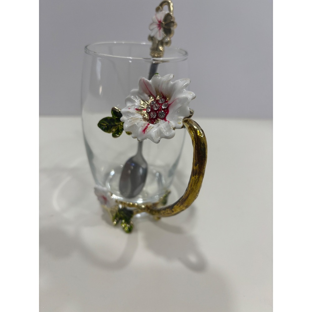Enamel Flower Glass Tea Mug with Matching Spoon Floral Rhinestone Gold Handle